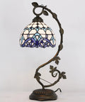 Tiffany Style White Blue Stained Glass Table Lamp With Reading Desk Light Metal Leaf Base 8x10x21 Inches