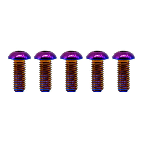 Badass Gr5 Aviation Grade Titanium Screws M8 X 20 mm Iso7380 Button Head Hex Socket Cap Bolts In Slick Burnt Blue Finish Tough As Nails Fasteners For Hot Rods And Heavy Duty Gear Pack Of Five shown in a row from the side.