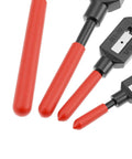 Adjustable Tap Wrench Set Four Pack Ratcheting Tap Handles with red grips and size indicators for precise tapping.