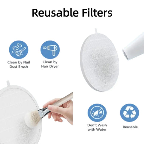 4 Pack Nail Dust Collector Replacement Filters For Nail Dust Vacuum Machines Round Shape Reusable Nonwoven Filters Compatible With HPro And SProR Models Keeps Your Workspace Cleaner And Smudge Free displayed with cleaning instructions
