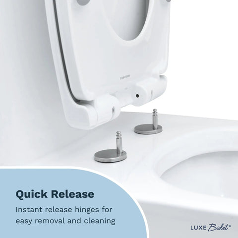 Close-up of Elongated Comfort Fit Toilet Seat With Slow Close, Quick Release Hinges, Non Slip Bumpers, And Easy Install, Durable Plastic White.