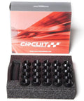 Black 14x1.5 Spline Drive Tuner Acorn Lug Nuts Set Forged Steel 20 Pcs With Tool 60 Degree Tuner Seating displayed in foam packaging
