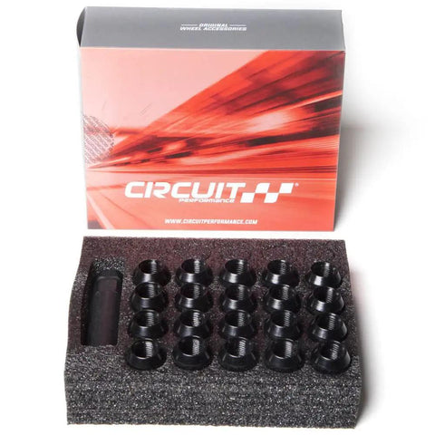 Black 14x1.5 Spline Drive Tuner Acorn Lug Nuts Set Forged Steel 20 Pcs With Tool 60 Degree Tuner Seating displayed in foam packaging