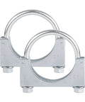 Two chrome-plated saddle-type U-bolt clamps, 2.5-inch, heavy-duty muffler clamps, metal construction.