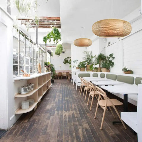 Vintage Bamboo Woven Pendant Light With Birdcage Shade in bright dining space, beige 23.62 inch wide wicker ceiling fixture, 1 light