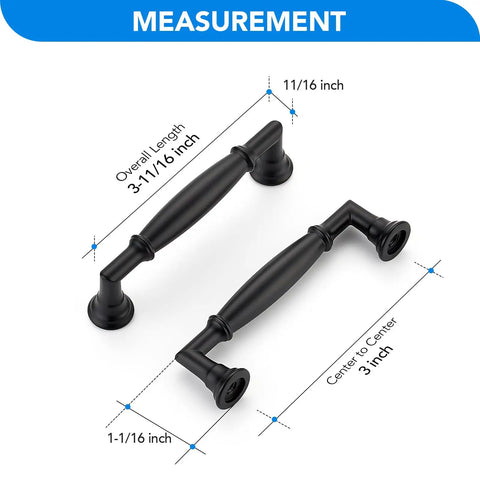 Matte Black Cabinet Handles 3 Inch Pulls 20 Pack Heavy Duty Zinc Alloy Kitchen Drawer Knobs dimensions shown on image.