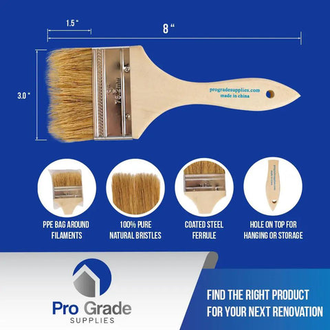 96 Pack 3 Inch Chip Paint Brushes Set Light Brown Disposable Brushes For Painting Staining Cleaning Crafts And Home Improvement With All Natural China Bristles And Solid Wood Handles displayed with dimensions and details.