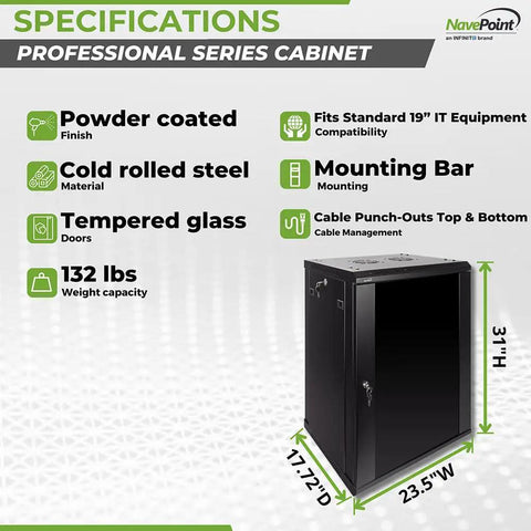 Heavy Duty 15U Wall Mount Server Rack Cabinet With Locking Glass Door 17.7 Deep 19 Inch IT Equipment specifications