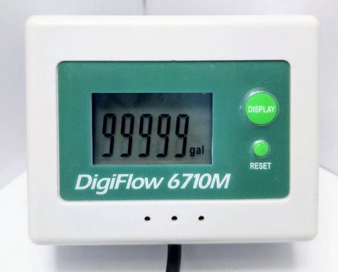 Front view of Easy Install 1-Inch NPT Flow Totalizer and Flow Rate Meter for Water Filters displaying 99,999 gallons.