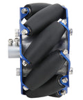 Angled side view of left 4-inch aluminum Mecanum wheel with TPU rollers on blue frame.