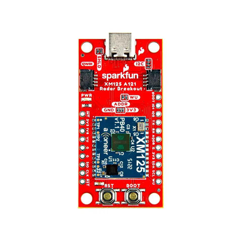 Pulsed Coherent Radar Sensor With Acconeer XM125 Qwiic, STMicroelectronics 60GHz Radar Module, STM32L431CBY6 MCU, 20 Meter Range, Low Power, See Through Walls And Cabinets, Perfect For Battery Powered Sensing, 1.0x2.0 Inch Board, red PCB