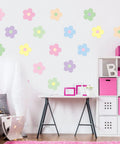 Spring Flower Wall Stickers Set With 16 Pastel Danish Aesthetic Floral Decals decorating a modern dorm room wall.