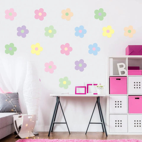 Spring Flower Wall Stickers Set With 16 Pastel Danish Aesthetic Floral Decals decorating a modern dorm room wall.