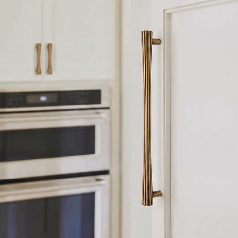 Antique Brass Cabinet Pulls Set, 7.56 Inch Hole Center Zinc Alloy Fluted Drawer Handles on white kitchen cupboard