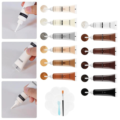Wood Repair Kit With 12 Color Touch Up Pastes For Scratches Cracks And Holes On Furniture Cabinets Tables And Floors A Quick Easy DIY Resin Filler Set To Restore Wood Surfaces At Home Or In The Workshop showing tubes and color palette.