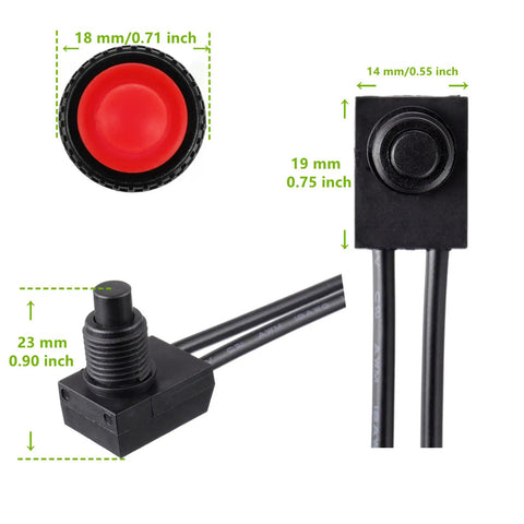 Waterproof Push Button Switch 12V On Off SPST With 4.5 Inch Leads For Motorcycle And Car Red Pack Of 5 Durable, Dustproof, IP67 Rated, Heavy Duty Sealed Aluminum Body, Built Tough For Off Road, Street Bikes, ATVs. Red button, black sealed body, 4.5-inch leads
