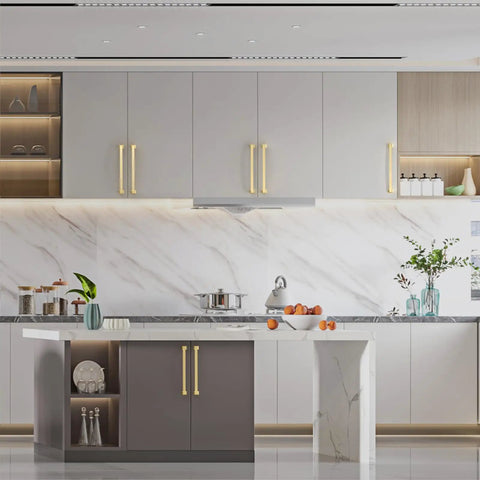 Modern kitchen featuring Ten Pack Of Ten Inch Brushed Gold Cabinet Handles For Modern Kitchen Doors And Drawers Premium Solid Pulls.