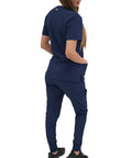 Womens Five Pocket V Neck Scrub Top For Medical Bosses Straight Fire Navy Nursing Uniform featuring relaxed fit viewed from the back.