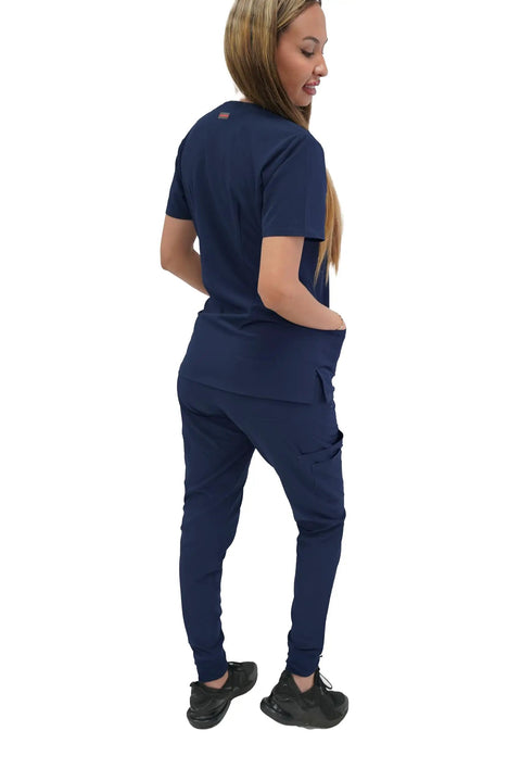 Womens Five Pocket V Neck Scrub Top For Medical Bosses Straight Fire Navy Nursing Uniform featuring relaxed fit viewed from the back.