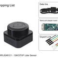 RPLIDAR C1 Fusion Lidar DTOF Laser Scanner For Robotics with accessories including data line, adapter board, and Dupont line.