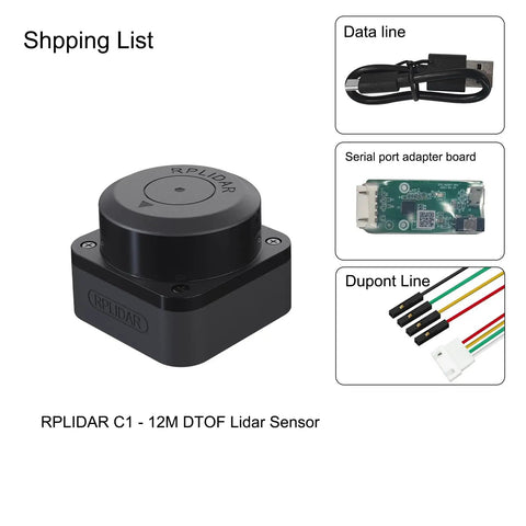 RPLIDAR C1 Fusion Lidar DTOF Laser Scanner For Robotics with accessories including data line, adapter board, and Dupont line.