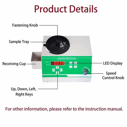 SicwEDIM Automatic Seed Counter With LED Display Microcomputer Control Adjustable Speed knob, showing controls and sample tray.