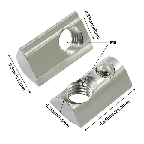 Roll On M8 Half Round Sliding T Nuts For 4040 Extrusion Frames 12 Piece Set, nickel coated steel fasteners, dimensions labeled.