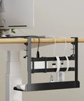 Under Desk Cable Management Tray With No Drill Clamp Mount installed, organizing cables neatly under a desk with protection pads visible.