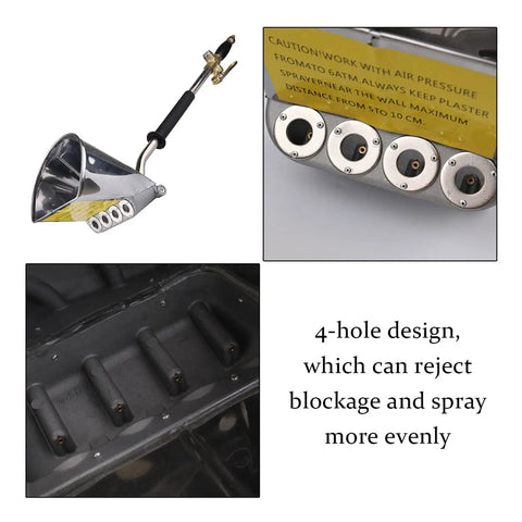 Professional Pneumatic Paint Sprayer And Cement Mortar Shooter With Stainless Steel Hopper showing 4-hole nozzle design for smooth spraying.