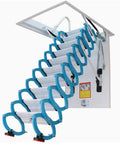 Premium Multi Size Telescoping Folding Extension Ladder System Featuring Smooth Electric Remote Control Mechanism And Solid Grip Non Slip Steps For No Sweat Indoor Ceiling Loft Access with blue grips and anti-slip steps.