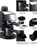 Compact Semi Automatic Espresso Machine With 5 Bar Pressure And Removable Milk Frother For Creamy Latte Cappuccino, stainless steel design, 240ml capacity, coffee cups, removable drip tray.