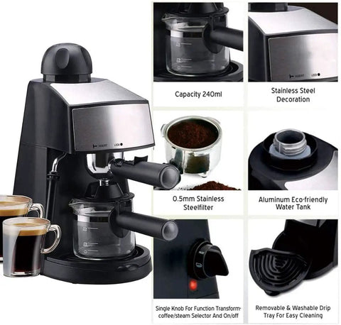 Compact Semi Automatic Espresso Machine With 5 Bar Pressure And Removable Milk Frother For Creamy Latte Cappuccino, stainless steel design, 240ml capacity, coffee cups, removable drip tray.