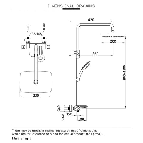Dimensional drawing of Slick Brushed Gold Thermostatic Shower System With Stable Flow Rainfall Head Wall Mounted Bathroom Faucet Set.