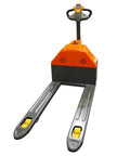 Heavy Duty Electric Walkie Pallet Truck With 3300 Lb Capacity, front view, 45 inch forks, built in battery for warehouse use.