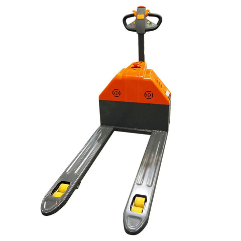 Heavy Duty Electric Walkie Pallet Truck With 3300 Lb Capacity, front view, 45 inch forks, built in battery for warehouse use.