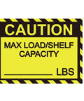 Pro Grade Pallet Rack Capacity Labels 3X4 Inch Maximum Load Warning Stickers showing yellow caution load capacity marker.