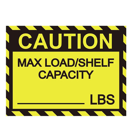 Pro Grade Pallet Rack Capacity Labels 3X4 Inch Maximum Load Warning Stickers showing yellow caution load capacity marker.