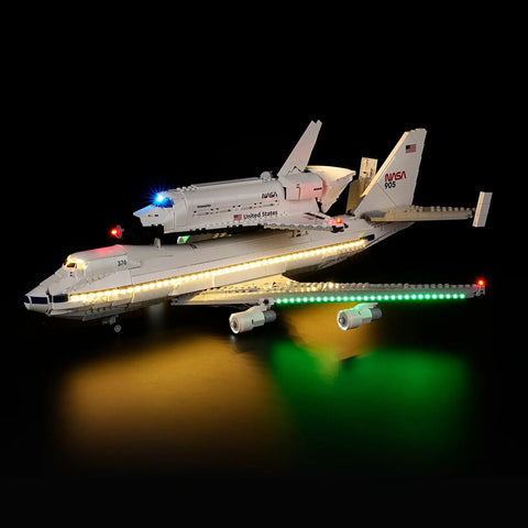 LED Lighting Kit For Lego 10360 Shuttle Carrier Aircraft lighting up an assembled model in dark setting with hidden wiring