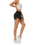 Side view of Women's Quick Dry Go-To Track And Running Athletic Shorts For Training With Elastic Waistband Zip Pockets Built In Liner Featherweight Stretch Breathable Recycled Polyester No Slip Fit Black Small