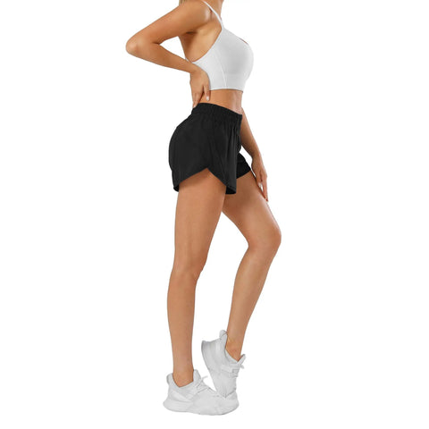 Side view of Women's Quick Dry Go-To Track And Running Athletic Shorts For Training With Elastic Waistband Zip Pockets Built In Liner Featherweight Stretch Breathable Recycled Polyester No Slip Fit Black Small