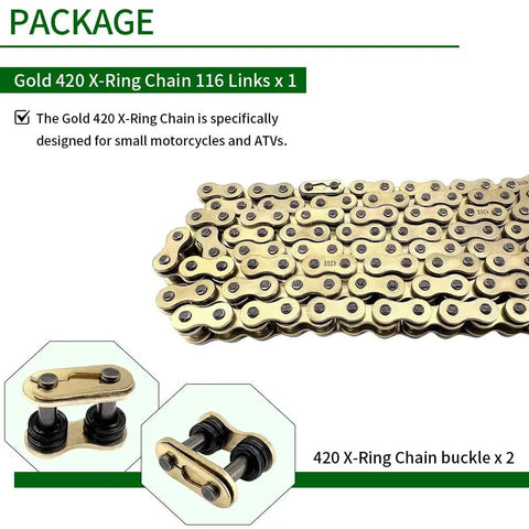 X Ring 420 Chain For Honda 116 Links With Master Link Universal Fit Gold Color Low Friction And Superior Seal Long Lasting O Ring Alternative For Smooth Shifts And Prolonged Chain Life To Beef Up Your Ride, gold 420 x-ring chain 116 links
