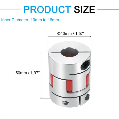 Aluminum Shaft Coupling 10mm To 16mm Flexible Spider Joint, 50mm Length, 40mm Diameter, Motor Coupler For 3D Printers CNC Routers Milling Machines And DIY Projects, Encoder Ready, size view