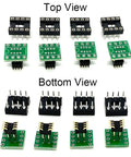 Top and bottom view of DIP8 to SOP8 Adapter for SMT SOIC8 Socket, 8 pin to 8 pin converter PCB, 1.27mm to 2.54mm pitch shown.