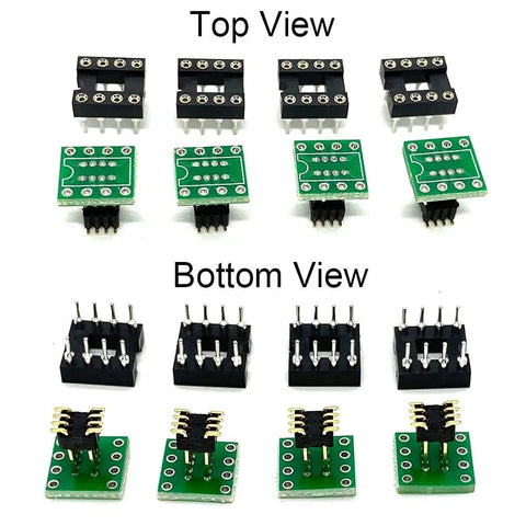 Top and bottom view of DIP8 to SOP8 Adapter for SMT SOIC8 Socket, 8 pin to 8 pin converter PCB, 1.27mm to 2.54mm pitch shown.