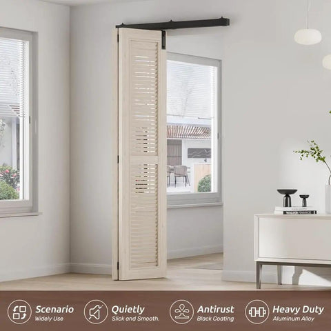 Installed Box Rail Bi Fold Sliding Barn Door Hardware Kit For Two Doors Built To Last With Heavy Duty Aluminum Track Wall Mount