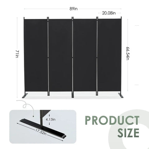 4 Panel Room Divider Freestanding Privacy Screen 6 Ft Folding Partition With Wide Feet Portable Black Steel Frame 89 Inch Wide 71 Inch High