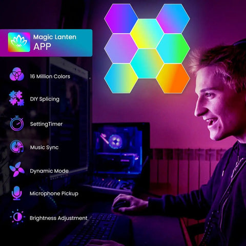 Person using 8 Pack Hexagon LED Wall Panels RGB Color Lights With App Control Music Sync And Remote in a game room setting