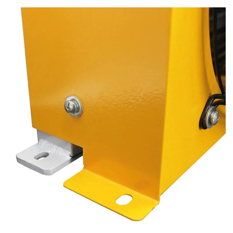 Close-up of Pro Grade Hydraulic Oil Cooler And Heat Exchanger With Dual Fans DC24V Operation Radiator, yellow corner detail.