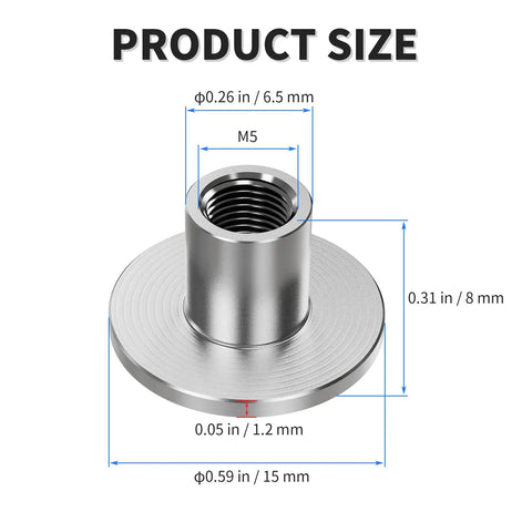 Legit 30 Pack M5 Round Base T Nuts Delivering Clean 8mm Height Alongside A 15mm Flange Diameter Forged From Heavy Duty Carbon Steel built for stress free slide in assembly, showcasing precise sizing and dimensions.