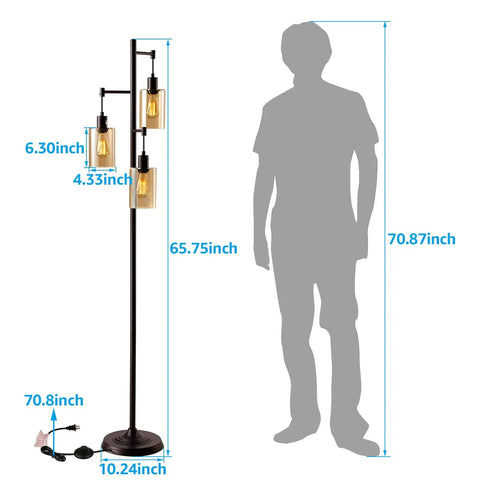 Three-Head Industrial Farmhouse Floor Lamp With Amber Glass Shades, shown next to silhouette for height comparison